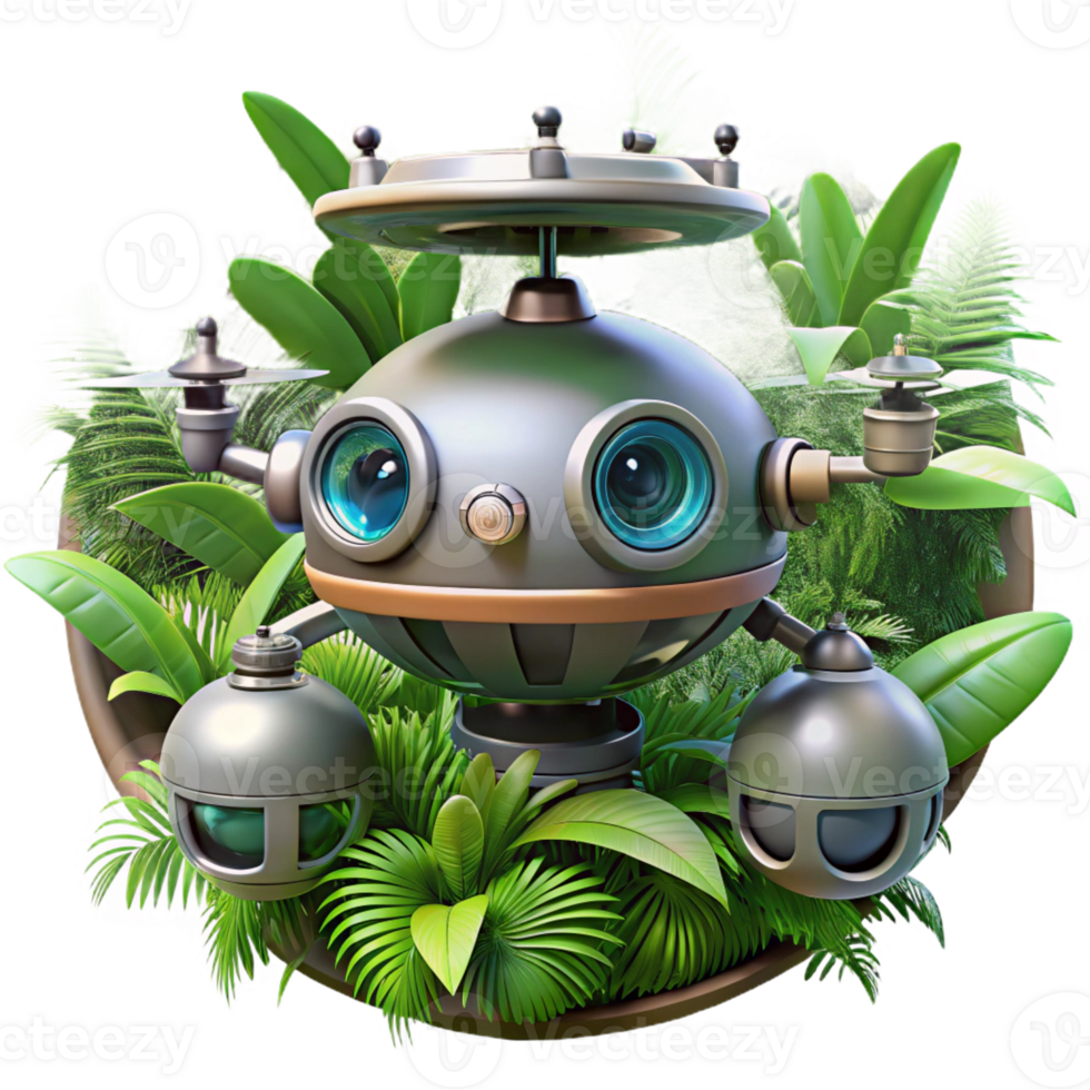 extraordinary contemporary A hovering, spherical drone robot with multiple cameras and sensors, scanning a dense jungle environment, lit by dappled sunlight. Photorealistic style exclusive png