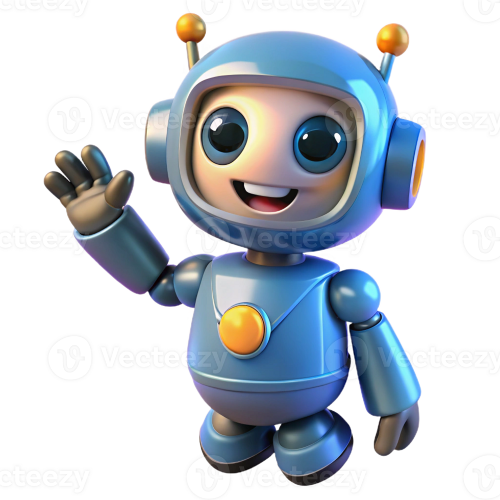 extraordinary contemporary A cute, cartoonish robot with oversized eyes and a cheerful expression, waving hello, lit by bright, cheerful lighting. Cartoon style detailed png