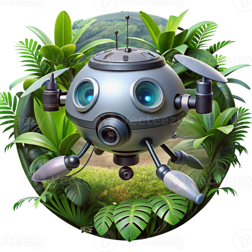 impressive artistic A hovering, spherical drone robot with multiple cameras and sensors, scanning a dense jungle environment, lit by dappled sunlight. Photorealistic style authentic png