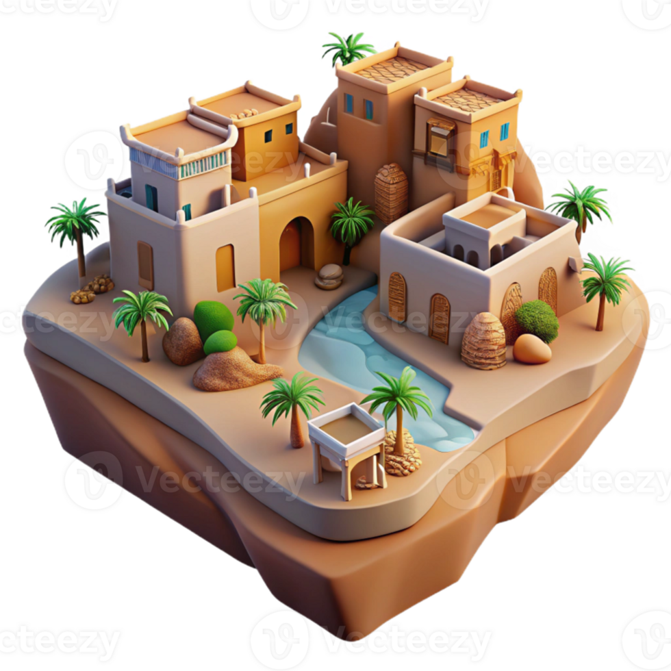 elegant contemporary A desert oasis village built into a canyon wall, warm desert lighting, realistic, genuine png