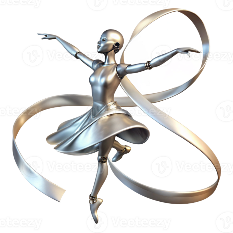serene modern A graceful, ballerina robot with flowing metallic ribbons and delicate movements, performing a pirouette, lit by soft stage lighting. Ballet photography style genuine png