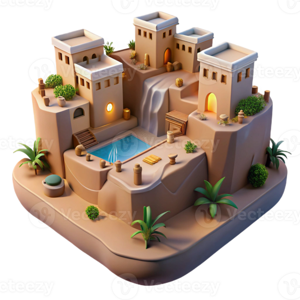 beautiful vintage A desert oasis village built into a canyon wall, warm desert lighting, realistic, detailed png