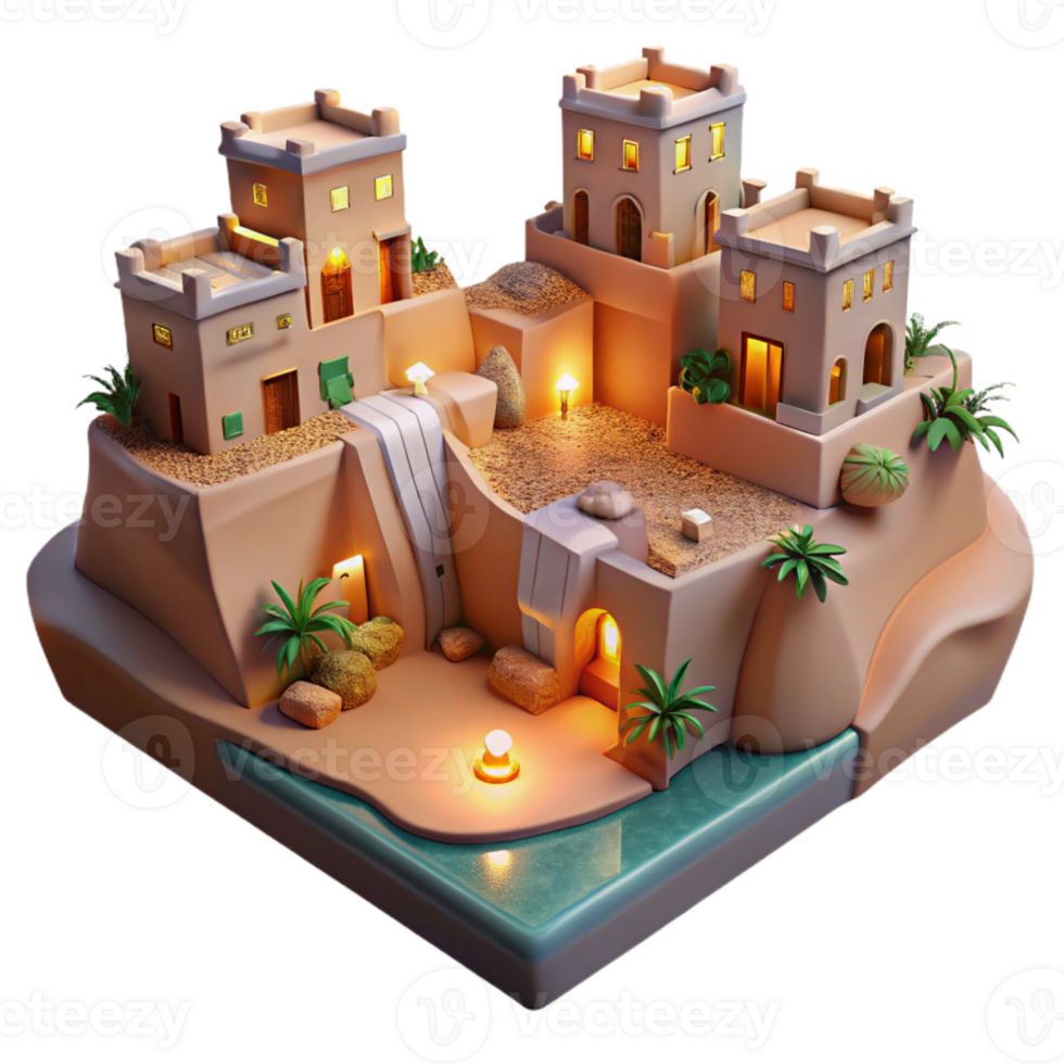 elegant traditional A desert oasis village built into a canyon wall, warm desert lighting, realistic, detailed png