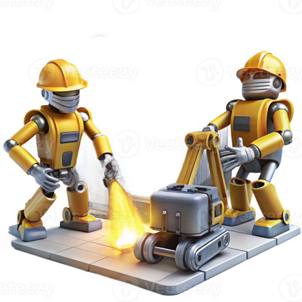 elegant rustic A group of construction robots with heavy machinery, building a futuristic skyscraper, lit by the bright sun and welding sparks. Architectural rendering style professional png