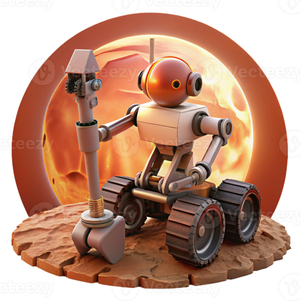 elegant abstract An exploration robot with rugged treads and a drilling arm, navigating a Martian landscape, lit by the harsh red sunlight. Space art style original png