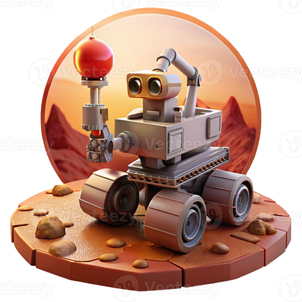 magnificent traditional An exploration robot with rugged treads and a drilling arm, navigating a Martian landscape, lit by the harsh red sunlight. Space art style genuine png