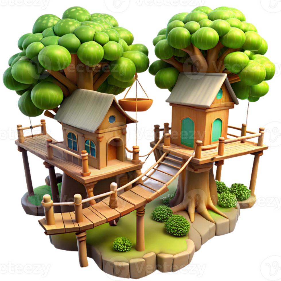 extraordinary classic A treehouse village connected by rope bridges, dappled sunlight, fantasy, 4K png