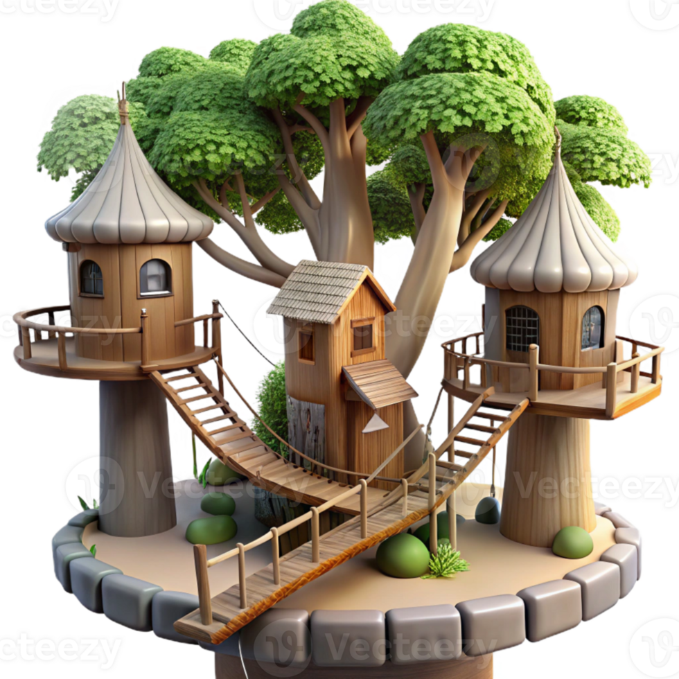 vibrant minimalist A treehouse village connected by rope bridges, dappled sunlight, fantasy, original png