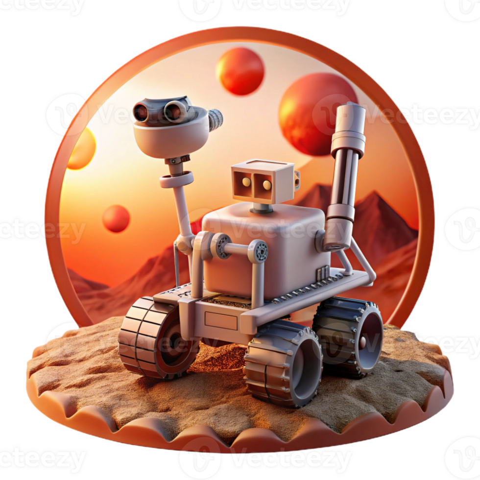 vibrant classic An exploration robot with rugged treads and a drilling arm, navigating a Martian landscape, lit by the harsh red sunlight. Space art style authentic png