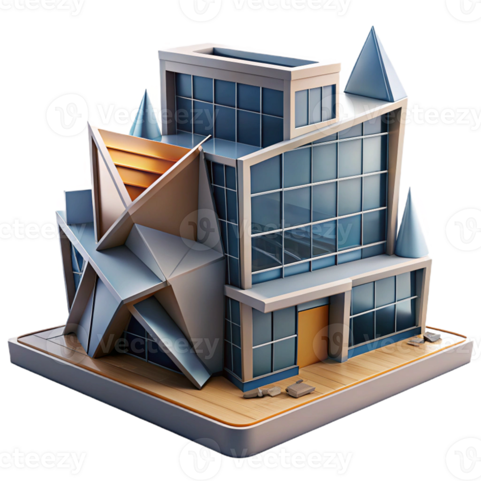 extraordinary creative A deconstructivist office building, fragmented forms, sharp angles, dramatic lighting, authentic png
