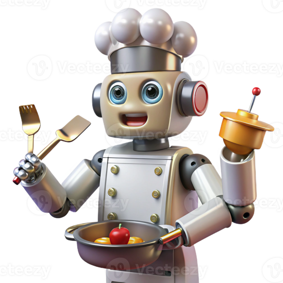 magnificent abstract A chef robot with multiple arms and precise utensils, preparing a gourmet meal, lit by the bright lights of a professional kitchen. Culinary photography style detailed png