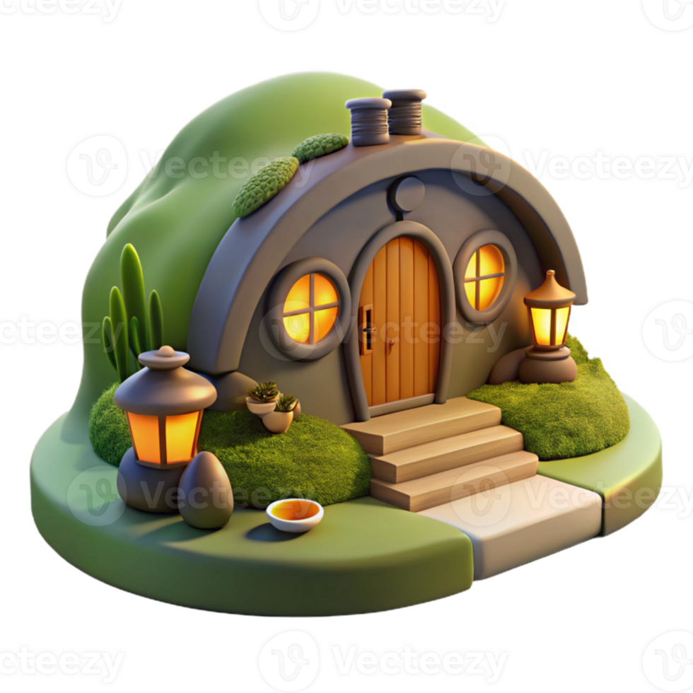 impressive creative A hobbit hole built into a hillside, warm interior lighting, cozy, premium png