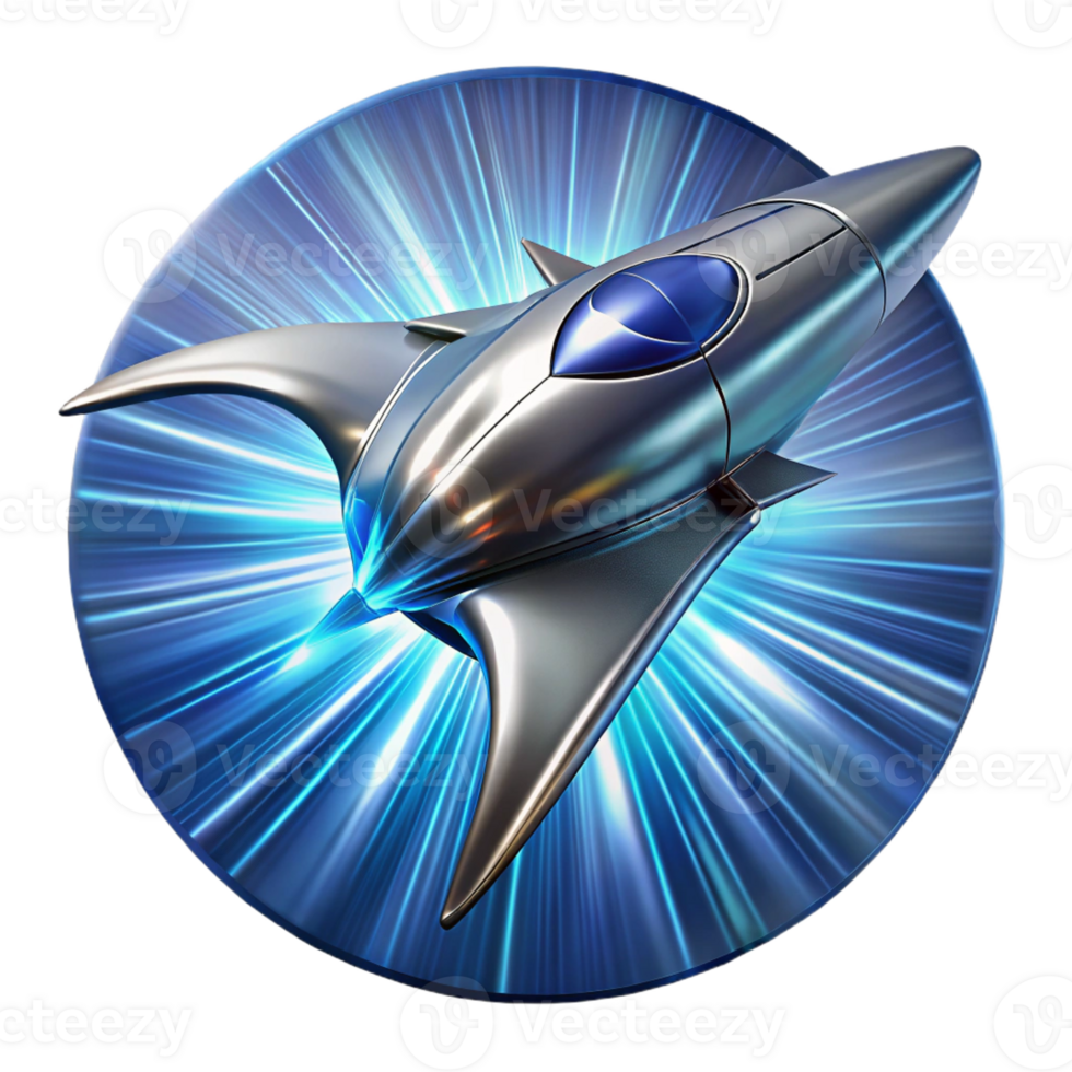 serene rustic A sleek, chrome spaceship, shaped like a manta ray, emerges from a wormhole, trailing streaks of cerulean energy. Dynamic lighting with lens flare, cyberpunk style high resolution png