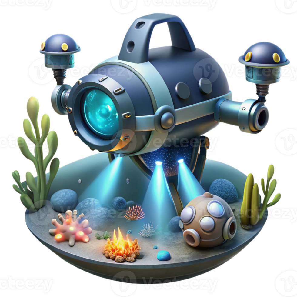 dramatic vintage A robotic probe exploring the depths of the ocean, with powerful searchlights illuminating the dark abyss, lit by bioluminescent creatures. Underwater photography style original png