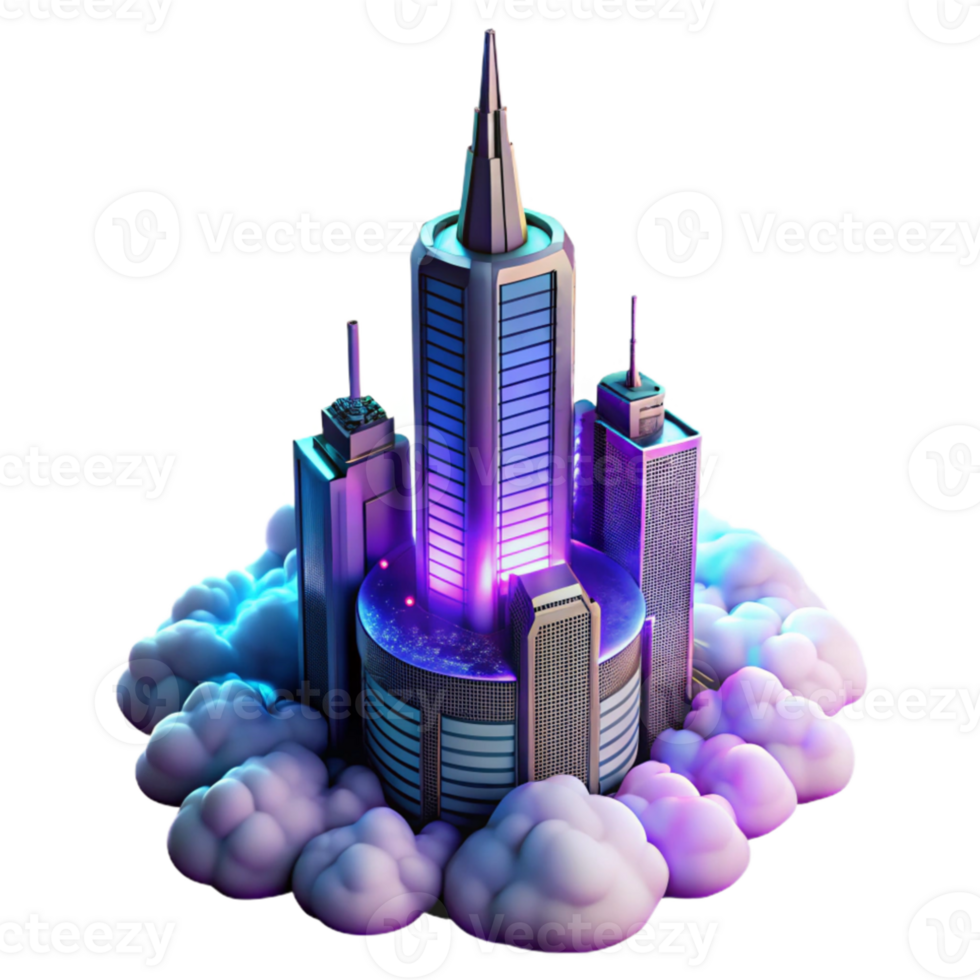 stunning modern A futuristic skyscraper piercing the clouds, glowing neon accents, dramatic lighting, cyberpunk, original png