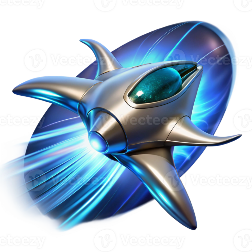 stunning modern A sleek, chrome spaceship, shaped like a manta ray, emerges from a wormhole, trailing streaks of cerulean energy. Dynamic lighting with lens flare, cyberpunk style genuine png