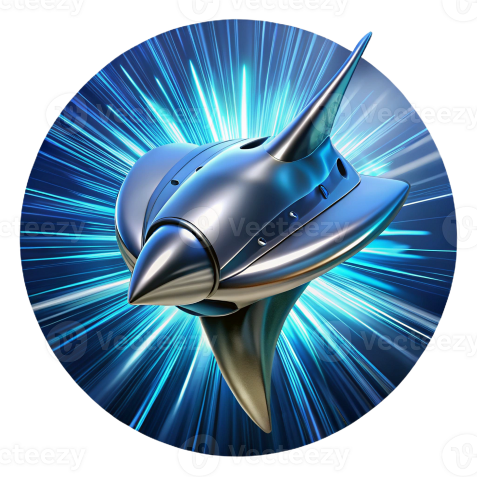beautiful vintage A sleek, chrome spaceship, shaped like a manta ray, emerges from a wormhole, trailing streaks of cerulean energy. Dynamic lighting with lens flare, cyberpunk style exclusive png