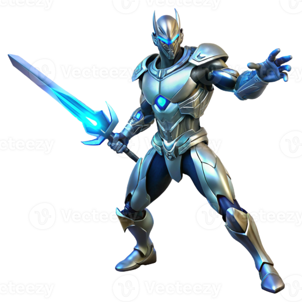 serene modern A cyborg warrior, with intricate metallic limbs and glowing blue circuitry, brandishes a plasma sword. Dramatic lighting with shadows, dark fantasy style 4K png