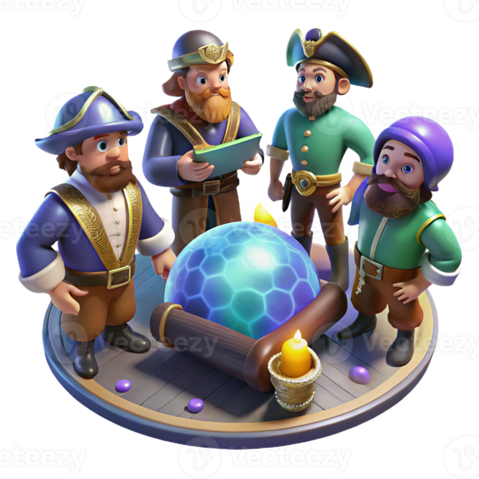 elegant classic A group of space pirates, gathered around a holographic map of a treasure planet. Dim, atmospheric lighting, gritty realism style genuine png