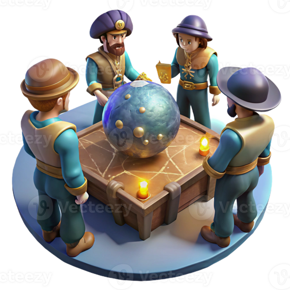 serene rustic A group of space pirates, gathered around a holographic map of a treasure planet. Dim, atmospheric lighting, gritty realism style original png