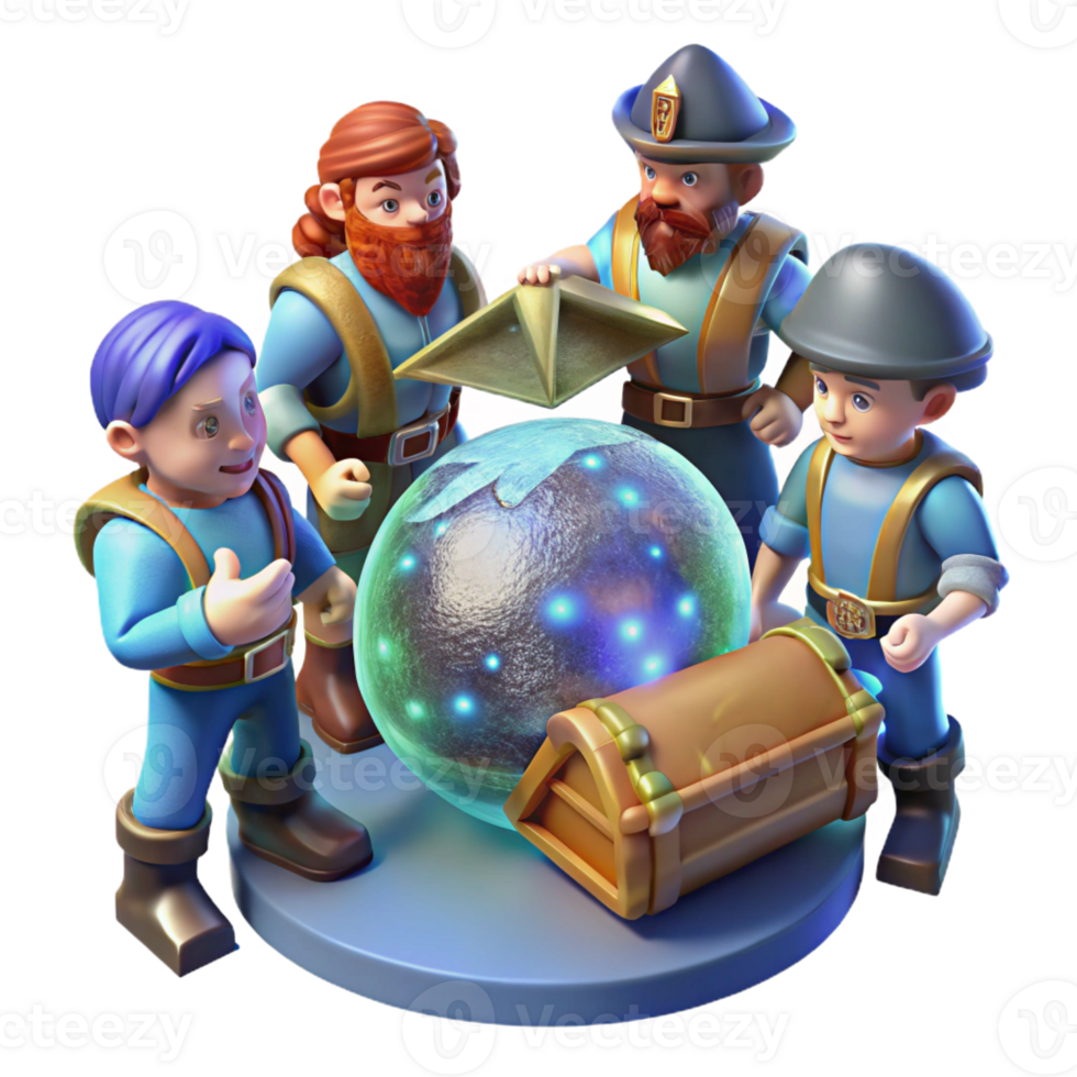 beautiful creative A group of space pirates, gathered around a holographic map of a treasure planet. Dim, atmospheric lighting, gritty realism style exclusive png