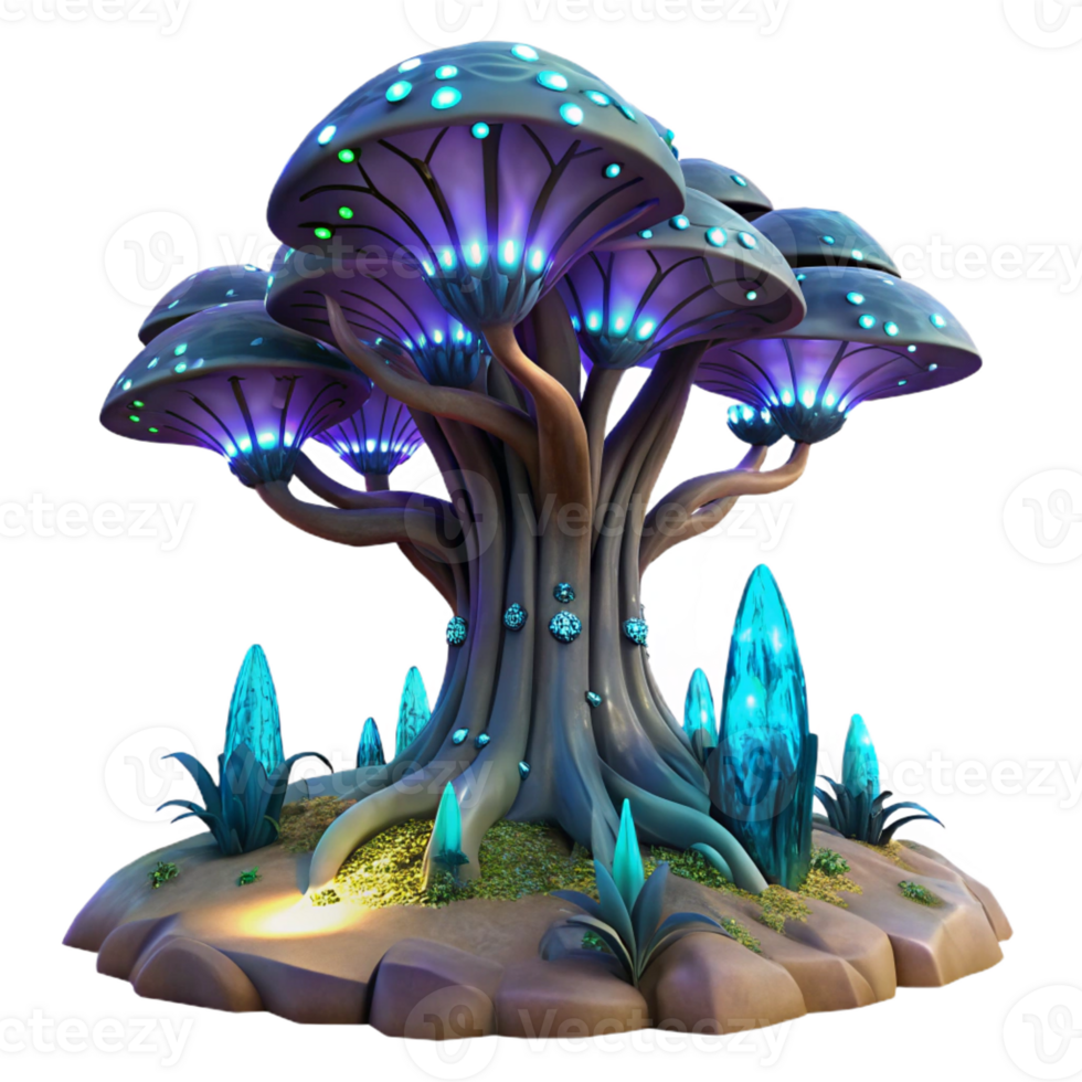 wonderful modern A giant, bio-engineered tree, with glowing bioluminescent leaves, towers over a desolate alien landscape. Twilight lighting, fantasy art style authentic png