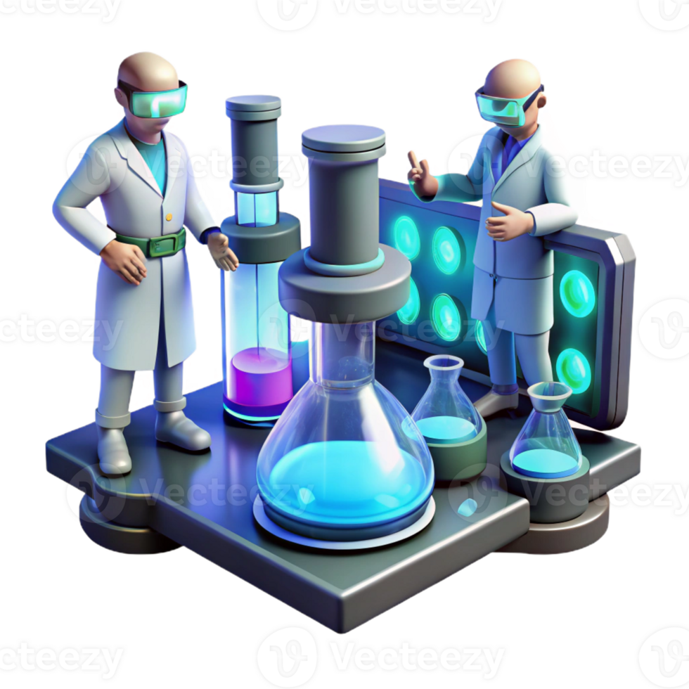 serene creative A futuristic laboratory, filled with bubbling vials and glowing screens, where scientists in hazmat suits conduct experiments. Cool, sterile lighting, photorealistic style authentic png