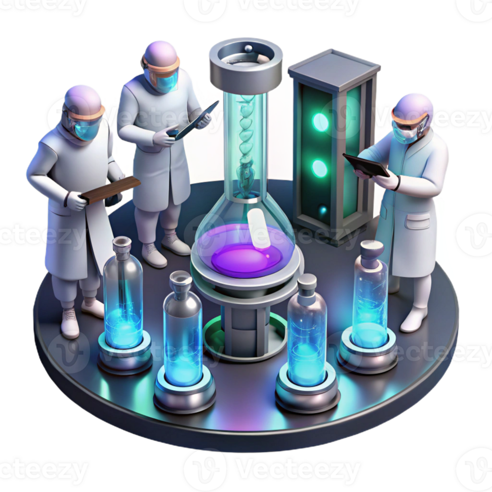 wonderful minimalist A futuristic laboratory, filled with bubbling vials and glowing screens, where scientists in hazmat suits conduct experiments. Cool, sterile lighting, photorealistic style premium png
