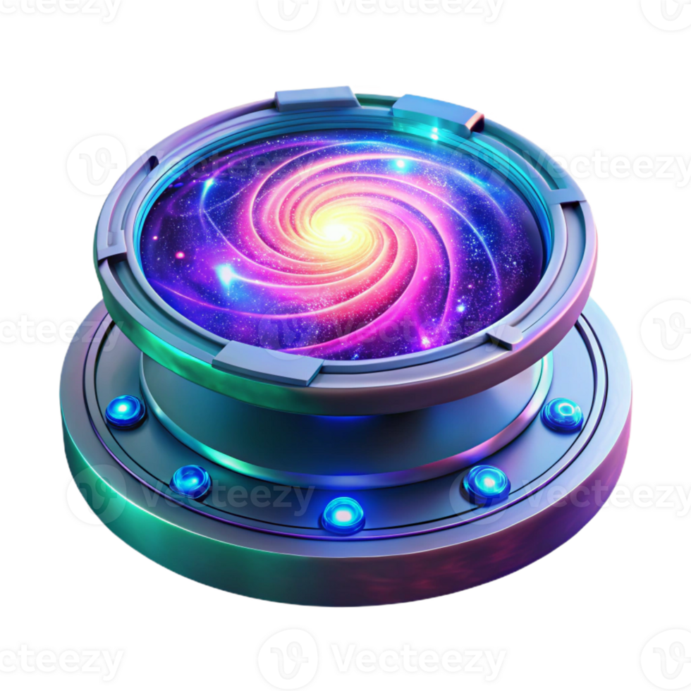 dramatic modern A holographic projection of a galaxy, swirling with vibrant colors, displayed above a futuristic control panel. Neon lighting, cyberpunk style genuine png