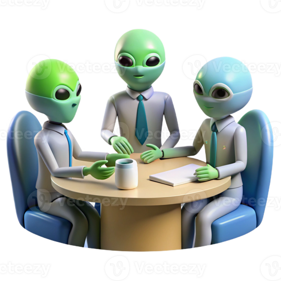 elegant contemporary A group of alien diplomats, with diverse and unusual physiologies, gathered around a negotiation table. Formal, neutral lighting, photorealistic style professional png