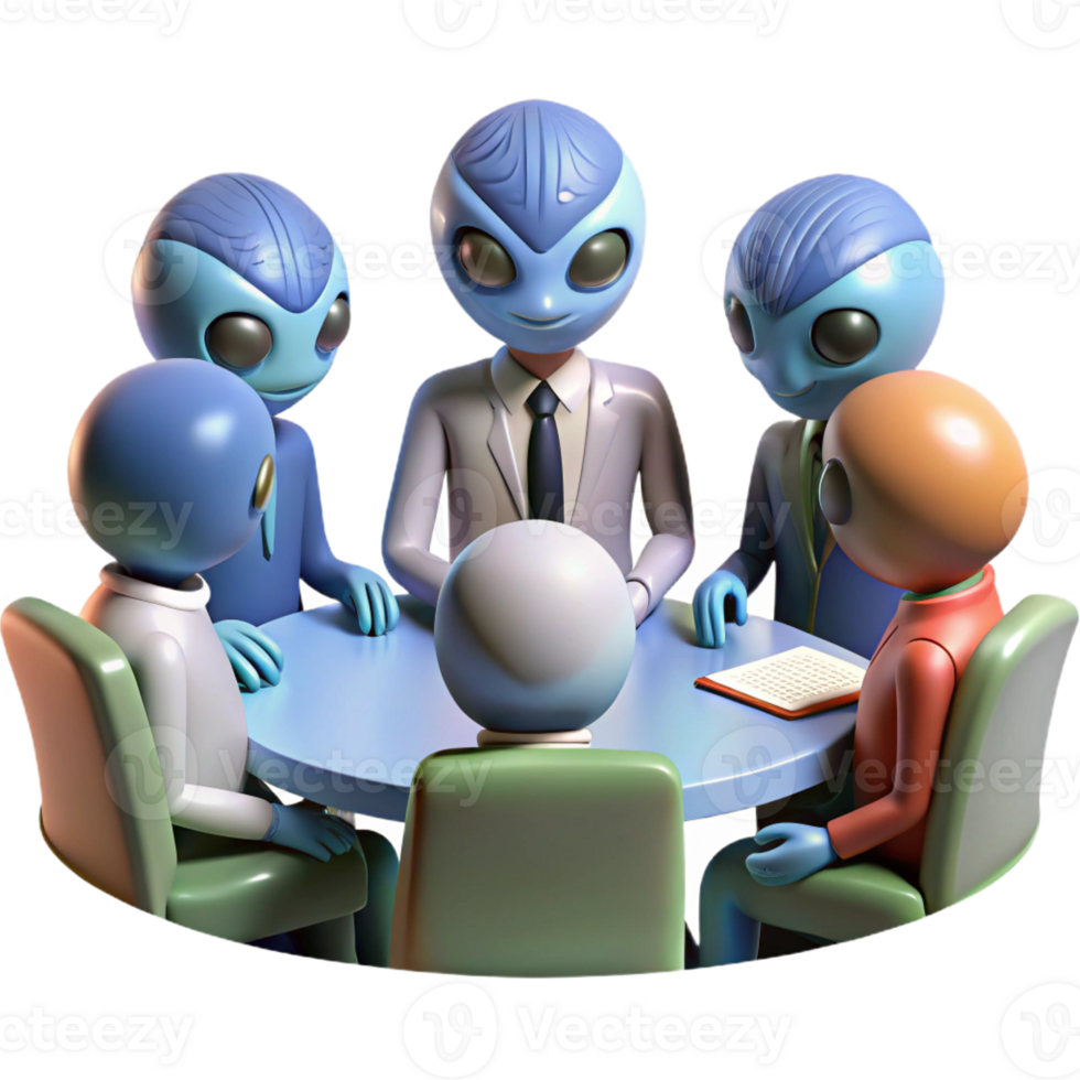 extraordinary traditional A group of alien diplomats, with diverse and unusual physiologies, gathered around a negotiation table. Formal, neutral lighting, photorealistic style detailed png