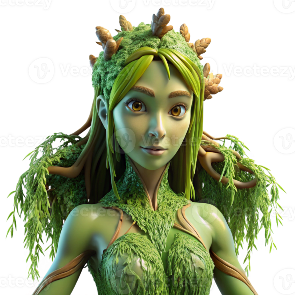serene modern A graceful dryad emerging from a willow tree, her skin textured like bark, adorned with luminous moss, bathed in soft, dappled sunlight. Pre-Raphaelite style 4K png