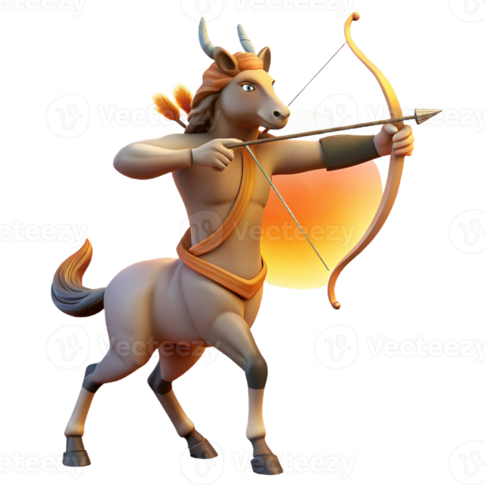 wonderful artistic A wise centaur, with intricate tribal markings, aiming a bow and arrow at a distant target, illuminated by the warm light of a setting sun. Realistic style authentic png