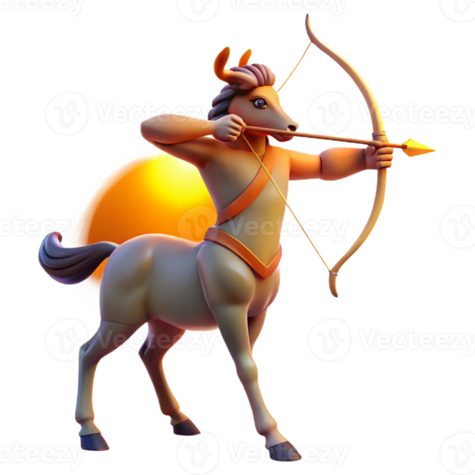 wonderful classic A wise centaur, with intricate tribal markings, aiming a bow and arrow at a distant target, illuminated by the warm light of a setting sun. Realistic style exclusive png