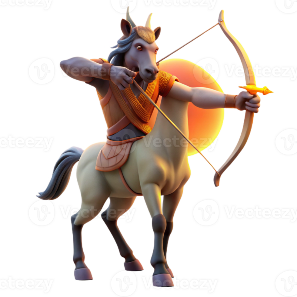 vibrant minimalist A wise centaur, with intricate tribal markings, aiming a bow and arrow at a distant target, illuminated by the warm light of a setting sun. Realistic style genuine png