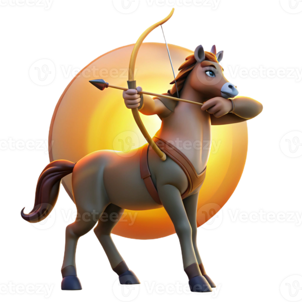 impressive rustic A wise centaur, with intricate tribal markings, aiming a bow and arrow at a distant target, illuminated by the warm light of a setting sun. Realistic style premium png