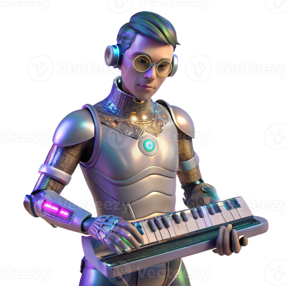 stunning classic A cyborg musician, with glowing cybernetic implants and intricate tattoos, playing a futuristic instrument. Stage lighting, cyberpunk style 4K png