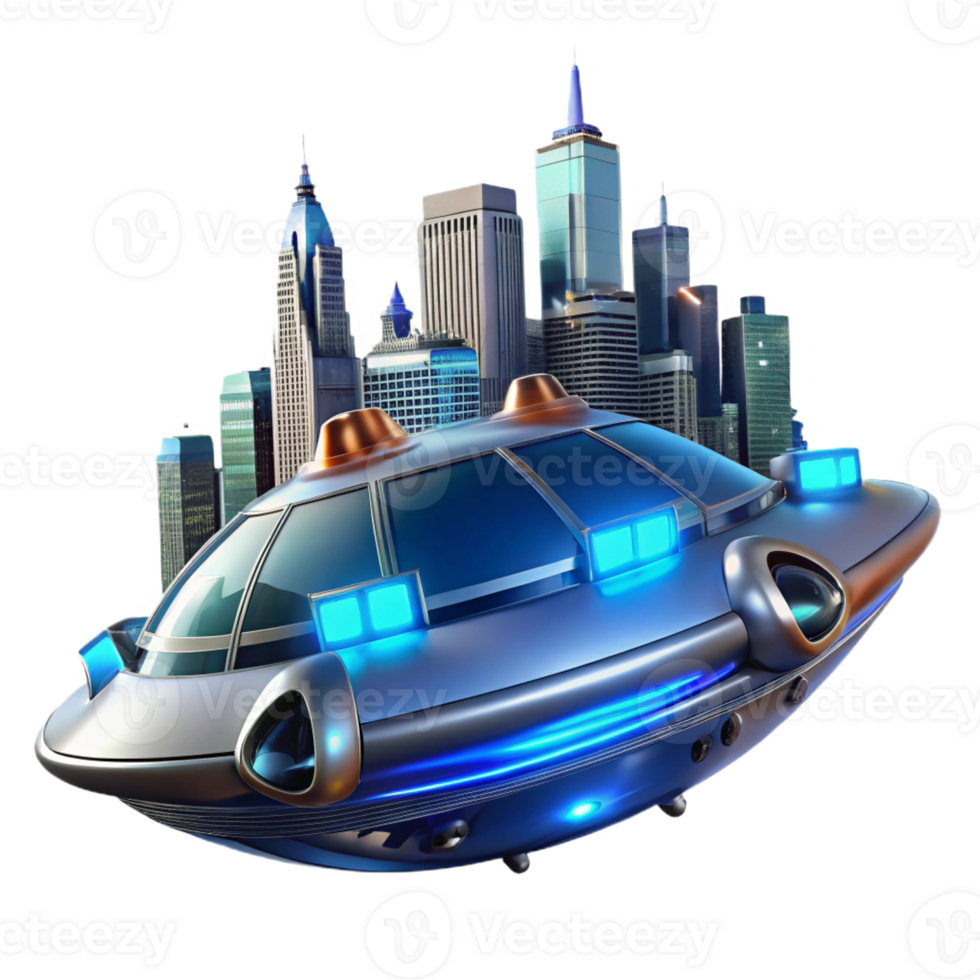 impressive rustic A futuristic hovercraft, with sleek metallic panels and glowing blue engines, flying over a futuristic cityscape. Nighttime lighting, cyberpunk style professional png