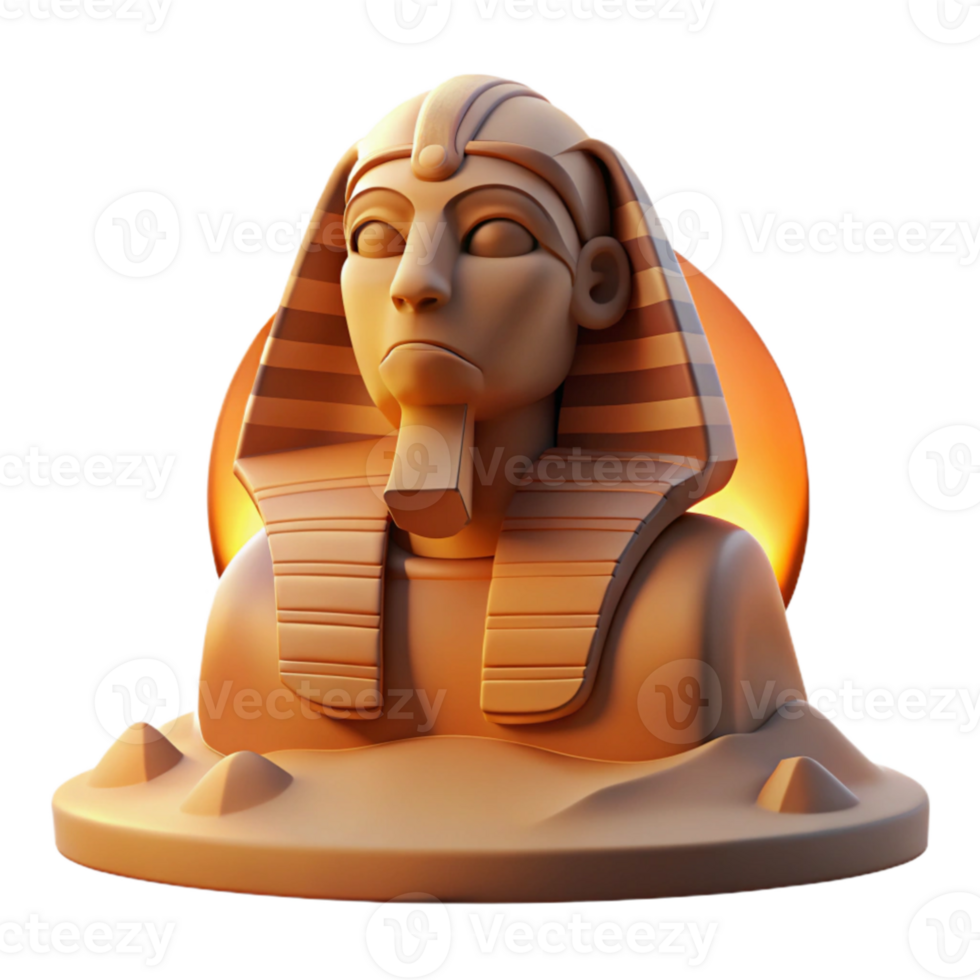 beautiful rustic A stoic sphinx, with intricate hieroglyphic markings, gazing into the distance, bathed in the warm, orange light of a desert sunrise. Egyptian art style premium png