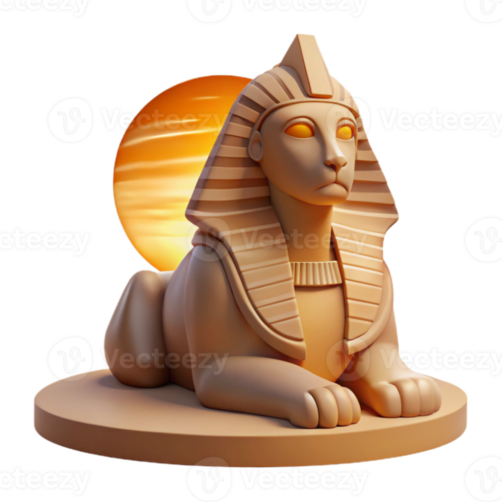 serene creative A stoic sphinx, with intricate hieroglyphic markings, gazing into the distance, bathed in the warm, orange light of a desert sunrise. Egyptian art style professional png