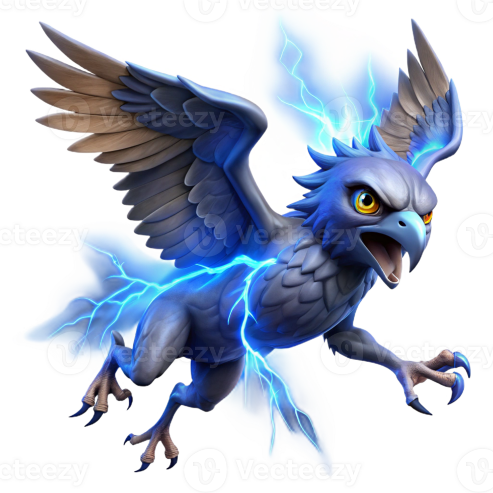 vibrant creative A fierce harpy, with razor-sharp talons and piercing blue eyes, diving towards its prey, lit by dramatic lightning strikes. Baroque style detailed png