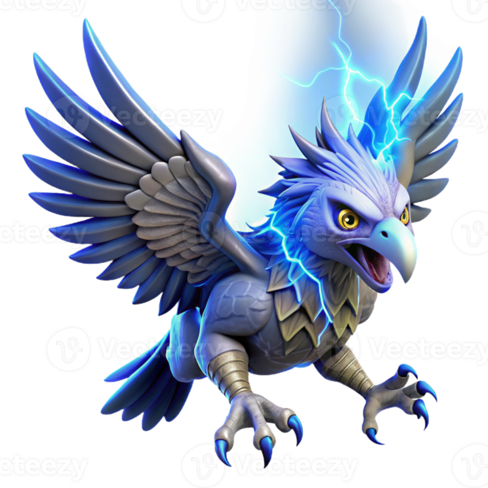 stunning modern A fierce harpy, with razor-sharp talons and piercing blue eyes, diving towards its prey, lit by dramatic lightning strikes. Baroque style exclusive png