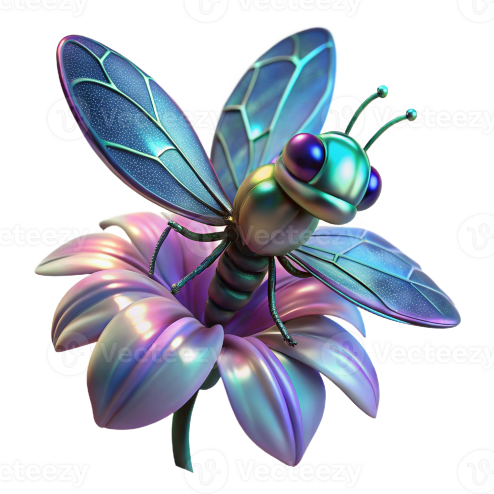 stunning vintage A genetically modified alien insect, with iridescent wings and glowing bioluminescent markings, perched on a futuristic flower. Macro photography style, natural lighting high quality png