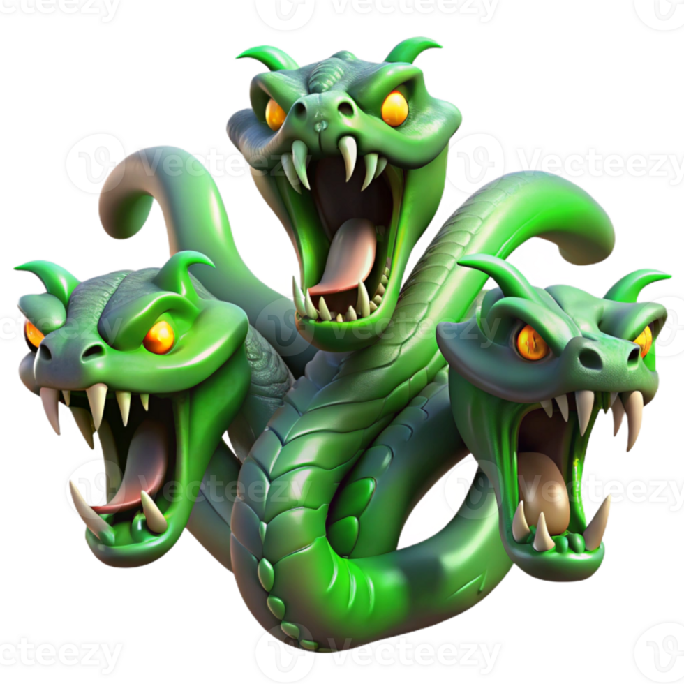 serene creative A fearsome hydra, with multiple serpentine heads, spewing venom, illuminated by an eerie green glow. Surrealist style high quality png