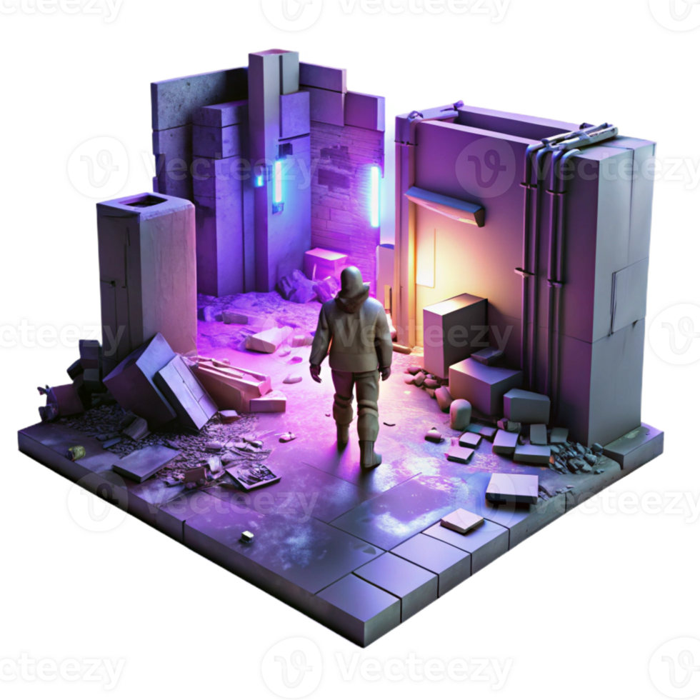 wonderful abstract A lone figure in tattered clothing, scavenging amongst rusted debris in a neon-lit alleyway, cyberpunk style, volumetric lighting, gritty textures premium png