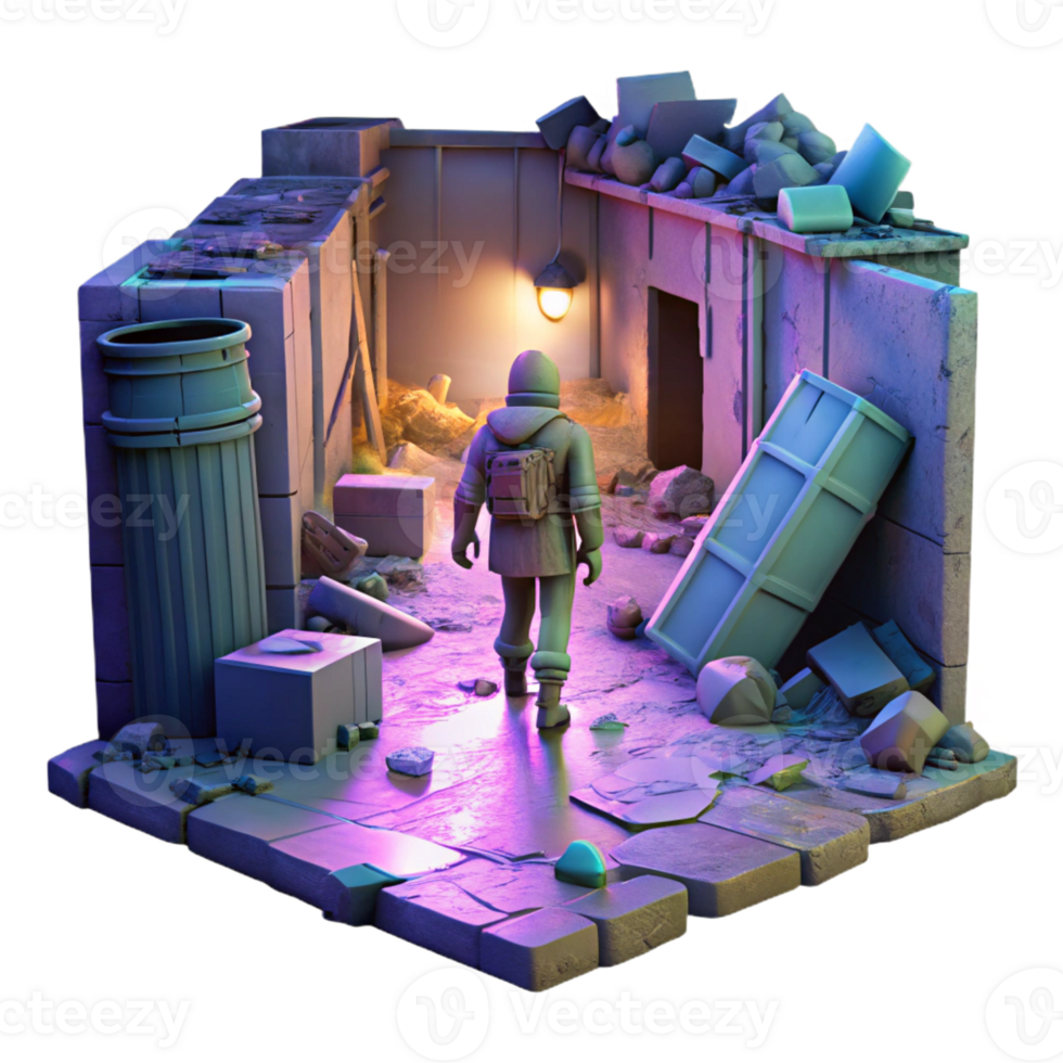 wonderful artistic A lone figure in tattered clothing, scavenging amongst rusted debris in a neon-lit alleyway, cyberpunk style, volumetric lighting, gritty textures exclusive png