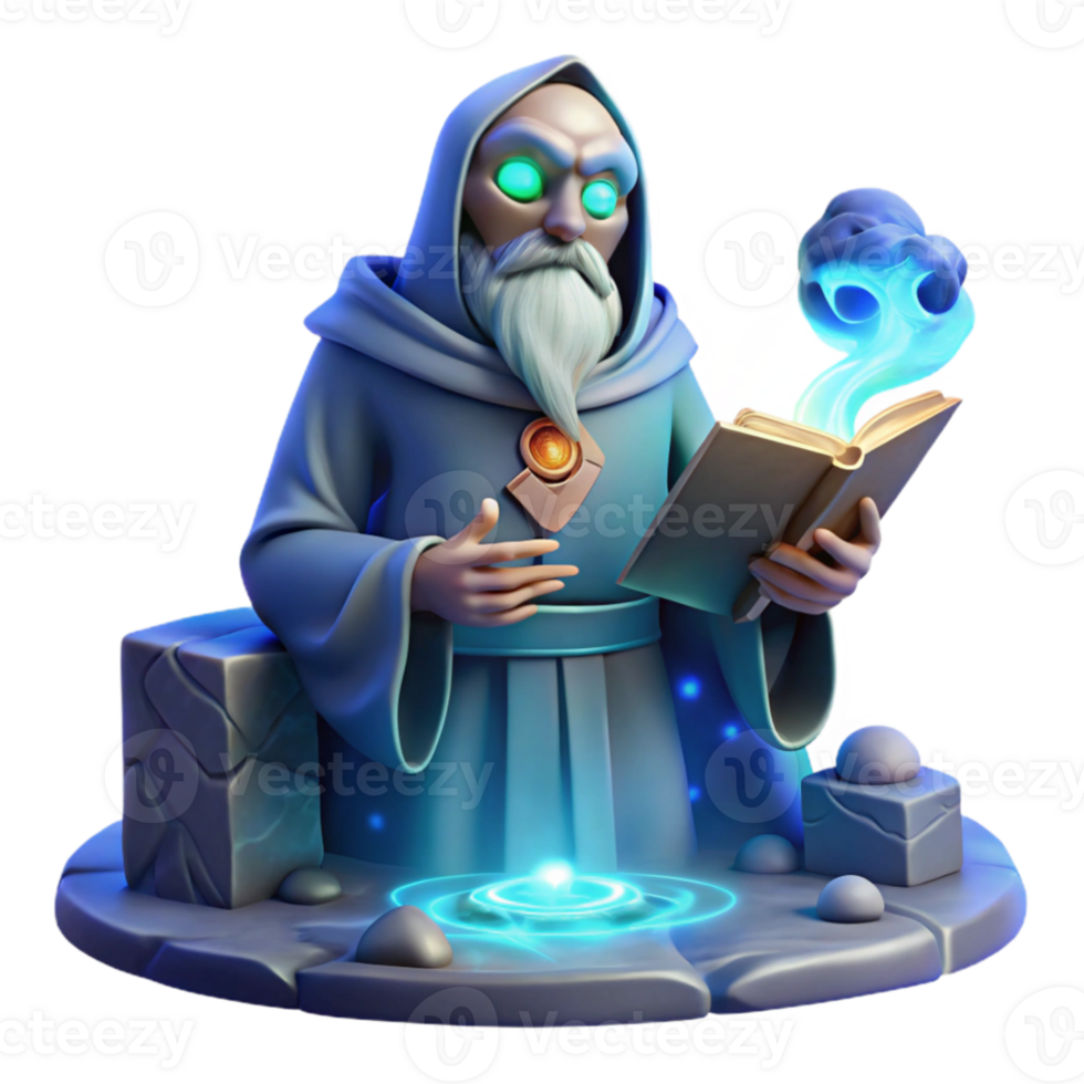 dramatic abstract A wise old oracle, with glowing eyes, reading runes on a stone tablet, surrounded by swirling mist, lit by an ethereal blue light. Fantasy art style high resolution png