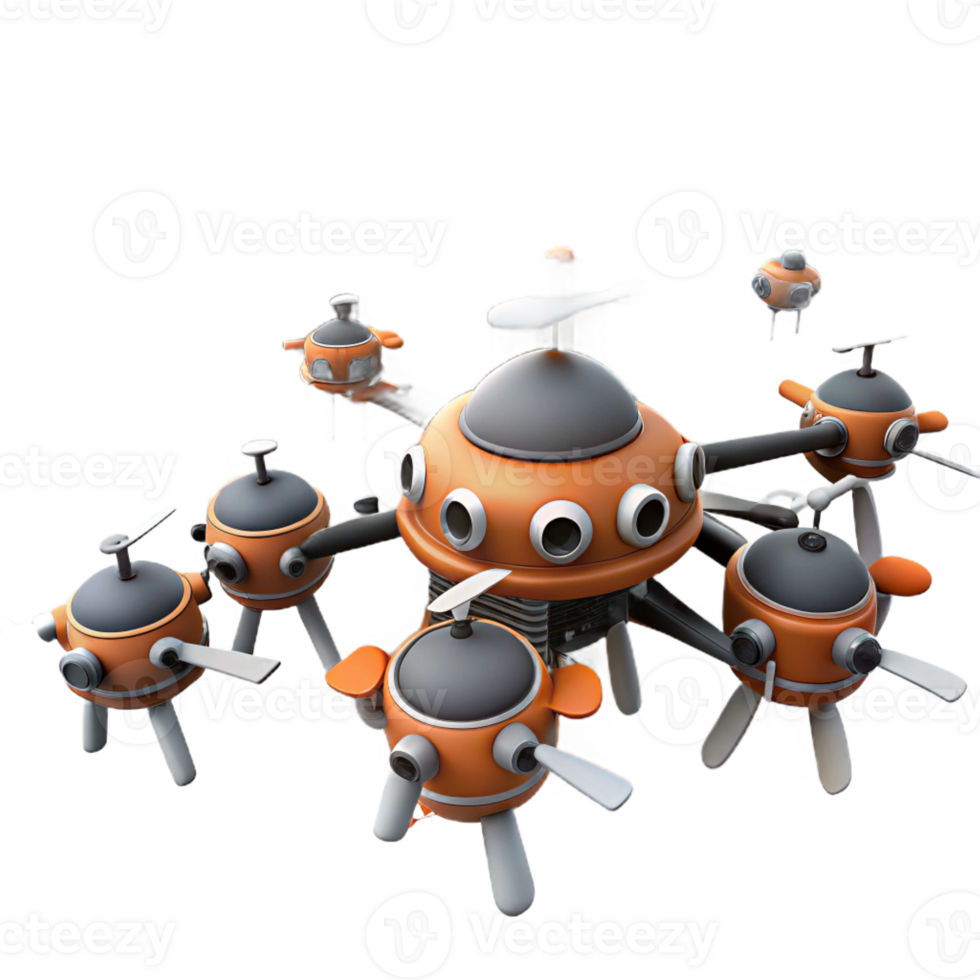 stunning creative A swarm of mechanical drones patrolling a smog-filled cityscape, orange and grey color palette, harsh lighting, graphic novel style high resolution png