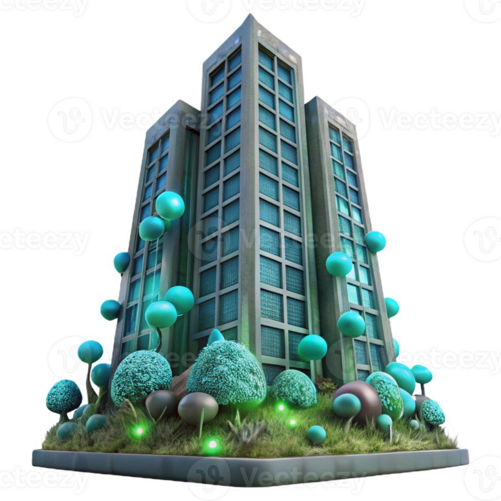 magnificent minimalist A dilapidated skyscraper overgrown with bioluminescent fungi, viewed from a low angle, ethereal lighting, hyperrealistic style 4K png