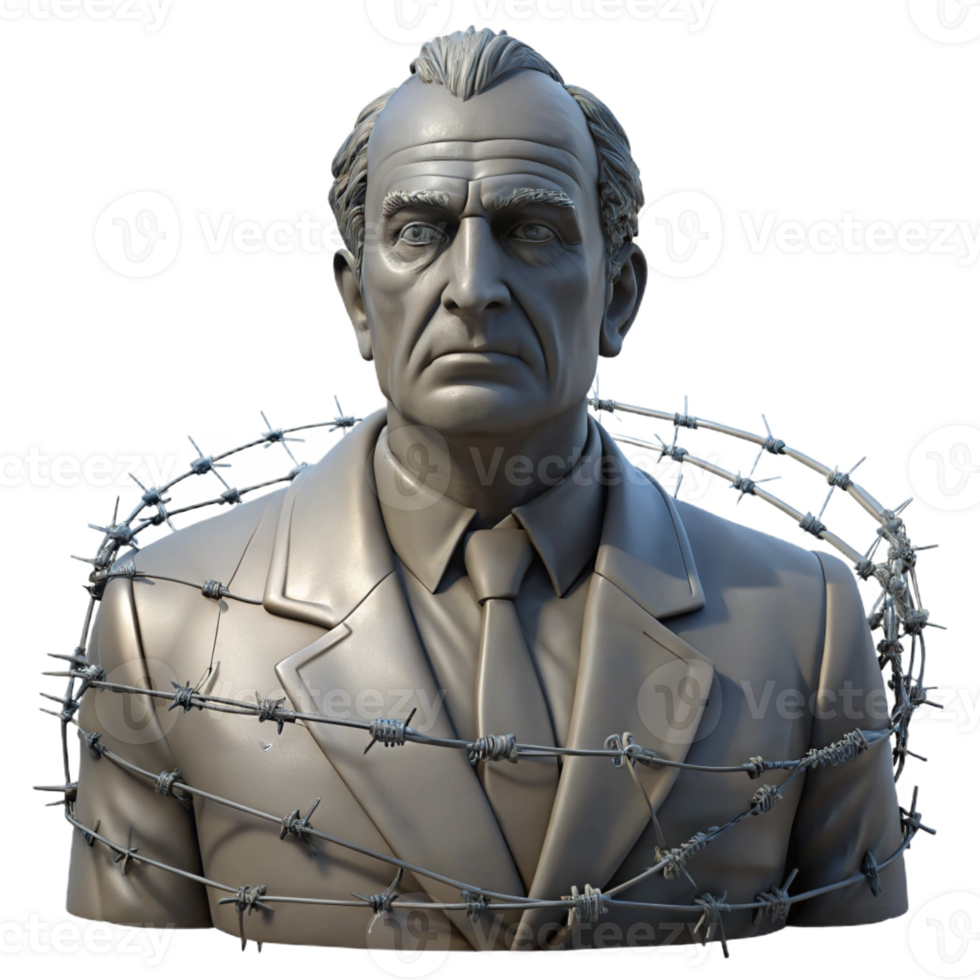 magnificent minimalist A decaying statue of a forgotten leader, surrounded by barbed wire, sepia tone, somber lighting, photorealistic style authentic png
